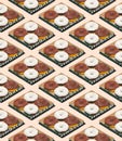 Seamless 3d render isometric pattern. Cacao donuts mix in box. Minimal design. Donuts lover, Restaurant, bakery candy shop, food