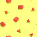 Seamless 3d square watermelon tropical fruit repeat pattern in yellow background Royalty Free Stock Photo