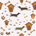 Seamless Dachshund Dog Pattern with bones, bows, dog houses and footprints