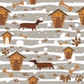 Seamless Dachshund Dog Pattern with bones, bows, dog houses and footprints