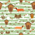 Seamless Dachshund Dog Pattern with bones, bows, dog houses and footprints