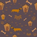 Seamless Dachshund Dog Pattern with bones, bows, dog houses and footprints