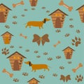 Seamless Dachshund Dog Pattern with bones, bows, dog houses and footprints