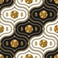 Seamless damask pattern with gold chain, beads, dollars coins, dollar sign