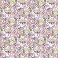 Seamless dandelion print. Spring pattern of colorful flowers, purple grass and white shadow in the background
