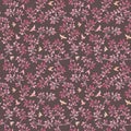 Seamless dark abstract background - hand painted pink leaves and birds. Watercolour design Royalty Free Stock Photo