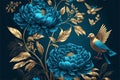 Seamless in the dark background of garden flowers, peonies, birds, and butterflies. golden foil branches on a blue background.
