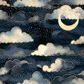 Seamless dark blue night sky moon pattern with gold foil constellations, stars and watercolor clouds Royalty Free Stock Photo