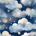 Seamless dark blue night sky pattern with gold foil constellations, stars and watercolor clouds Royalty Free Stock Photo