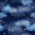 Seamless dark blue night sky pattern with gold foil constellations, stars and watercolor clouds Royalty Free Stock Photo
