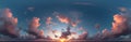 Seamless dark blue sunset panorama with pink cumulus clouds. Spherical equiangular projection. Zenith for 3D visualization, Royalty Free Stock Photo