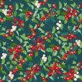 Seamless dark green pattern with traditional festive flower - Christmas star.