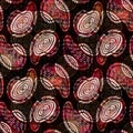 Seamless dark paisley block print background. Boho ethnic soft furnishing fabric style. Tie dye decorative ogee motif