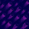 Seamless dark pattern. Print of pink and violet jellyfish on purple background. Blue background with medusa.