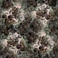 Seamless dark photo printed floral texture background. Variegated bold realistic flower glitch pattern. Large petal