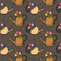 Seamless dark spring pattern with cute watering cans