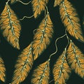 Seamless dark yellow with gold veins leafy floral pattern