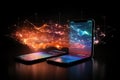 Seamless Data transfer between mobile devices. Concept of sharing information securely between devices using modern technology.