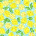 Seamless decor pattern of lemons on blue background. Royalty Free Stock Photo