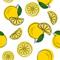 Seamless decorative background with yellow lemons. Lemon hand draw pattern.