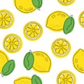 Seamless decorative background with yellow lemons. Lemon hand draw pattern. Royalty Free Stock Photo