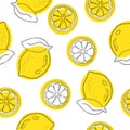 Seamless decorative background with yellow lemons. Lemon hand draw pattern. Vector illustration Royalty Free Stock Photo