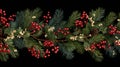 Seamless decorative Christmas garland with green coniferous pine branches and red holly berries, isolated on a black background Royalty Free Stock Photo