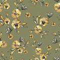 Seamless decorative elegant pattern with cute flower of viola. Vintage antique watercolor style print for textile, wallpaper,