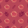 Seamless decorative floral pattern with pink and orange daisy flowers and violet leaves