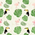 Seamless decorative pattern with flamingo, toucan and tropical leaves