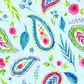 Seamless decorative pattern of floral elements and paisley on a pale blue background