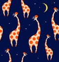 Seamless decorative pattern with funny giraffes. Cute colorful texture.