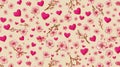 Seamless decorative pattern with pink cherry blossoms and hearts on beige background, symbolizing spring romance and Royalty Free Stock Photo