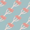 Seamless decorative pattern with pink doodle yarrow ornament. Blue background. Medical floral backdrop