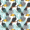 Seamless decorative pattern with toucan and tropical leaves. Hand drawn images. Trend of season on White background