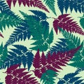 Seamless decorative pattern with vivid green, blue and purple tropical forest fern leaves isolated on light green Royalty Free Stock Photo