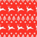 Seamless Deer, Snow and Trees Christmas Holiday Red Color Pattern. Vector Illustration EPS 10. Royalty Free Stock Photo