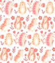 Seamless delicate pattern with cute dancing hedgehogs with flowers and folk decoration on white background. Gentle vector texture