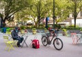 Seamless delivery man with bicycle in Manhattan during covid-19 pandemic Royalty Free Stock Photo