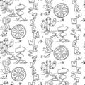 Seamless desert pattern with pointers, cacti, a wheel, a cobra and the inscription western in the kotur style. Vector Royalty Free Stock Photo