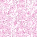 Pink Line Drawn Flowers on White Background Vector Pattern