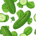 Seamless design food green pattern. Wallpaper with vegetable organic food. Backdrop for textile design with cucumber
