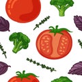 Seamless design food pattern. Wallpaper with vegetable organic food. Backdrop with tomato, broccoli, basil leaf and Royalty Free Stock Photo