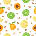 Seamless design fruit pattern. Wallpaper with organic food. Backdrop for fabric and textile design with kiwi, apricot Royalty Free Stock Photo