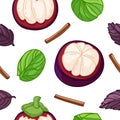 Seamless design fruit pattern. Wallpaper with organic food. Backdrop for textile design with magosteen, spinach and Royalty Free Stock Photo