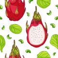 Seamless design fruit pattern. Wallpaper with organic food. Backdrop for textile design with dragon fruit, spinach and Royalty Free Stock Photo