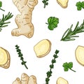 Seamless design seasoning pattern. Backdrop with fresh herb. Background with rosemary, basil leaf, parsley, ginger slice
