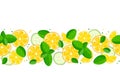 Seamless detox pattern. Citrus fruit, mint leaves, cucumber border on white background. Flat vector repeated isolated