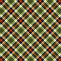 Seamless Diagonal Green, Black, Orange and White Tartan Plaid Pattern