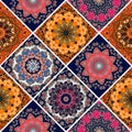 Seamless diagonal patchwork pattern in boho style with flower - mandalas